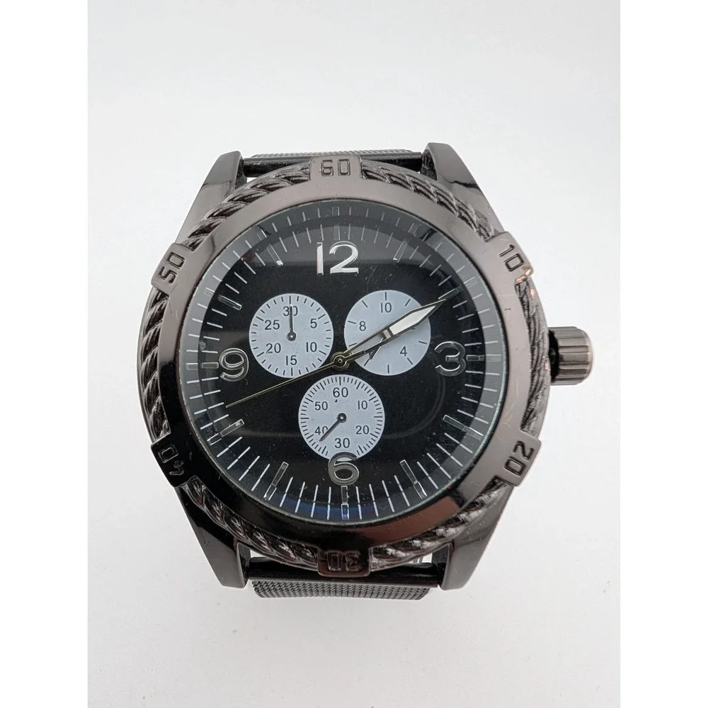 Men's‎ Quartz Watch 49mm Case Black Mesh Metal Band- New Battery
